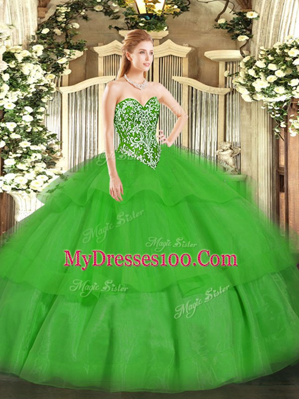 Smart Tulle Sleeveless Floor Length Ball Gown Prom Dress and Beading and Ruffled Layers