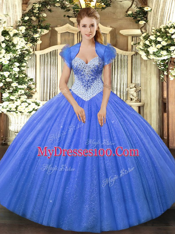 Floor Length Blue Quinceanera Gown Tulle Sleeveless Beading
