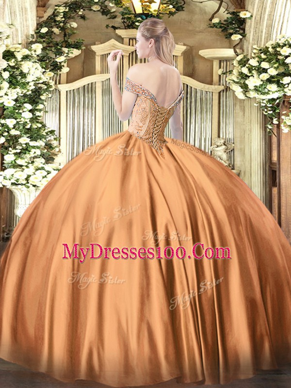 Rust Red Off The Shoulder Neckline Beading Sweet 16 Dresses Sleeveless Lace Up