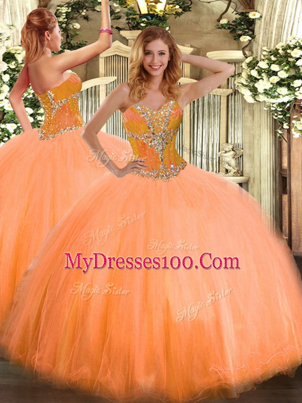 Floor Length Orange 15th Birthday Dress Sweetheart Sleeveless Lace Up
