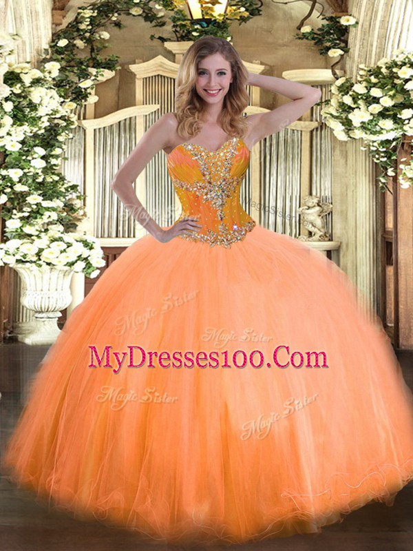 Floor Length Orange 15th Birthday Dress Sweetheart Sleeveless Lace Up