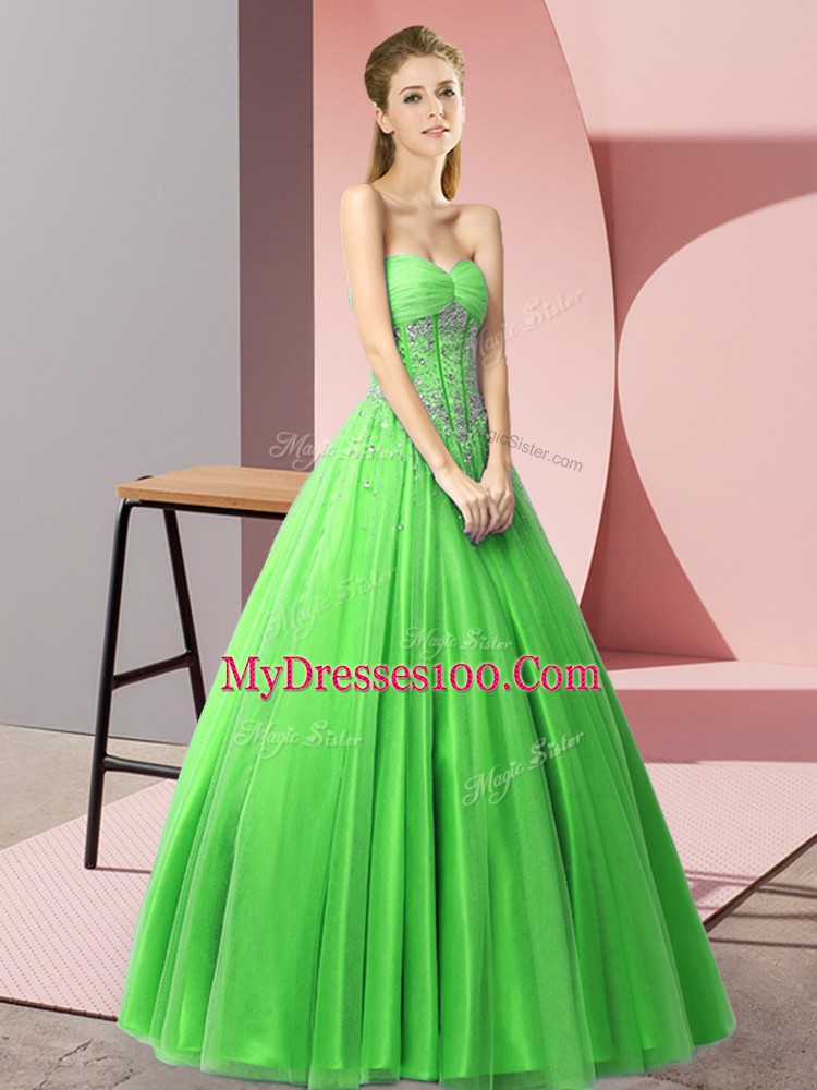 Designer Beading Prom Evening Gown Green Lace Up Sleeveless Floor Length