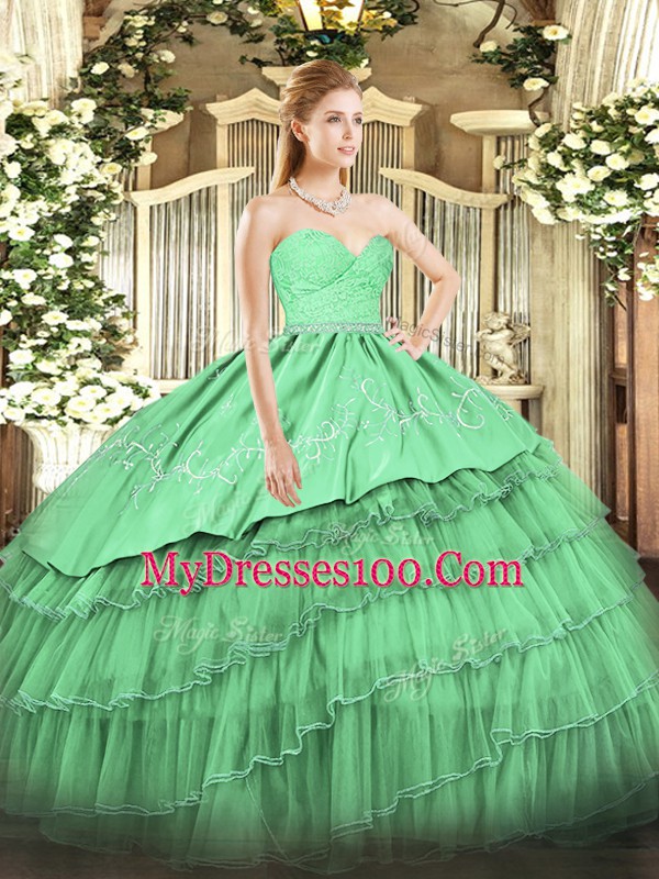 Flirting Green Organza and Taffeta Zipper Quinceanera Dresses Sleeveless Floor Length Beading and Lace and Embroidery and Ruffled Layers