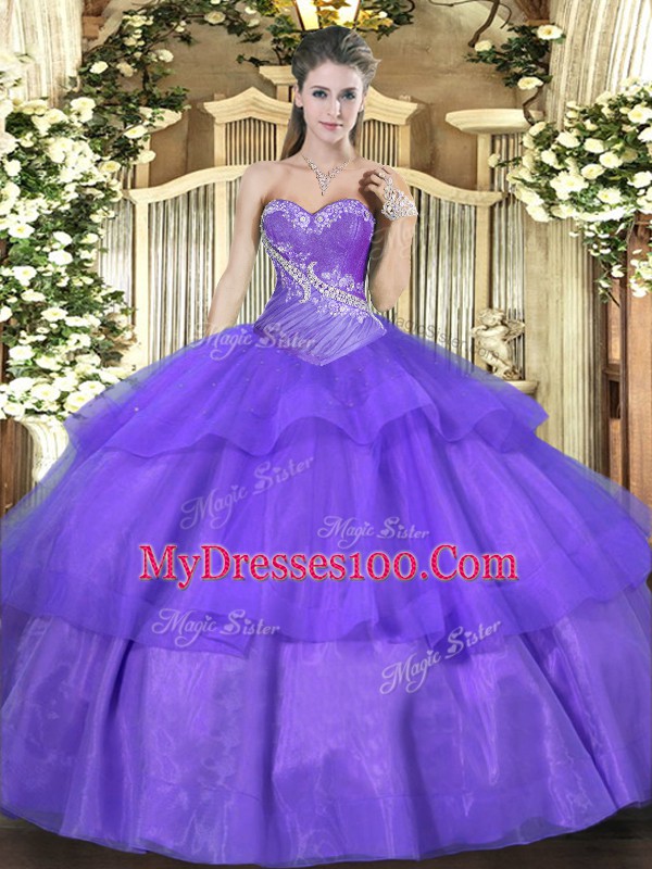 Super Lavender Sleeveless Floor Length Beading and Ruffled Layers Lace Up Ball Gown Prom Dress
