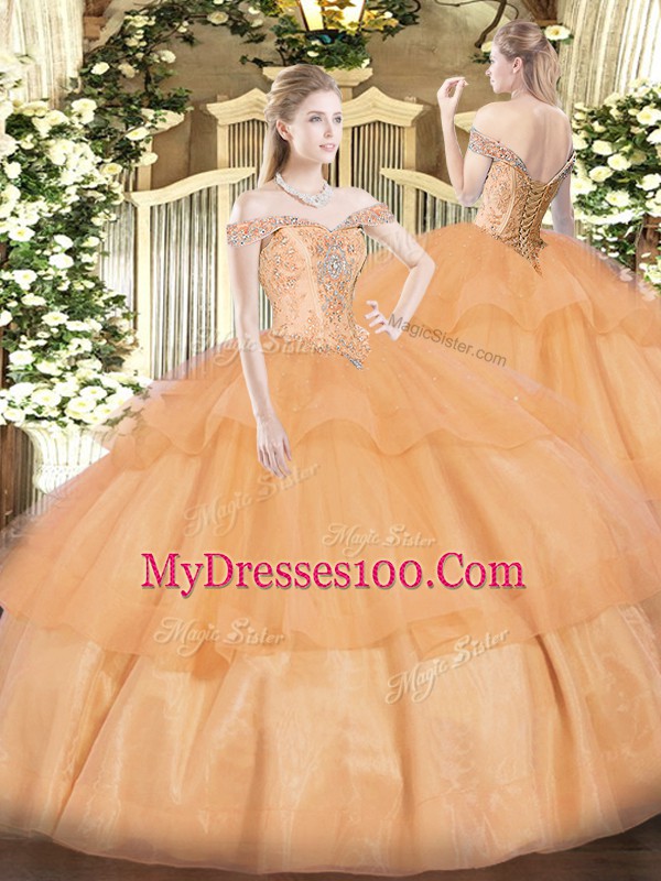 Sleeveless Beading and Ruffled Layers Lace Up Ball Gown Prom Dress