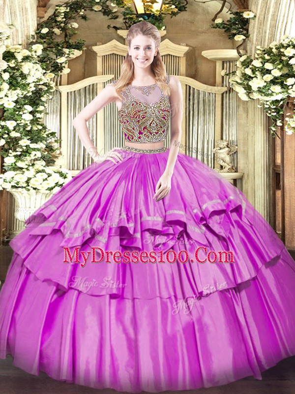 Elegant Scoop Sleeveless Organza and Taffeta 15th Birthday Dress Beading and Ruffled Layers Lace Up