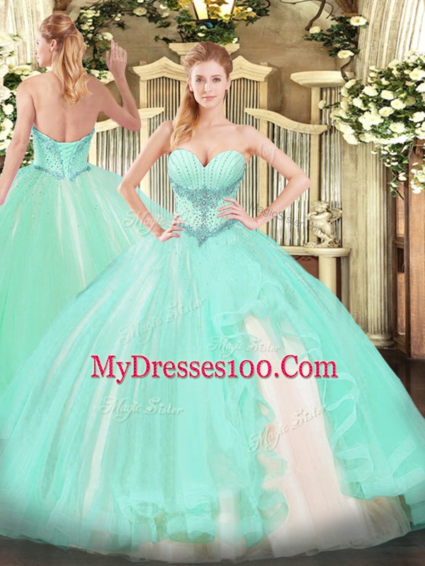 Apple Green Sleeveless Floor Length Beading and Ruffles Lace Up Sweet 16 Quinceanera Dress