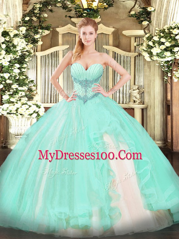 Apple Green Sleeveless Floor Length Beading and Ruffles Lace Up Sweet 16 Quinceanera Dress