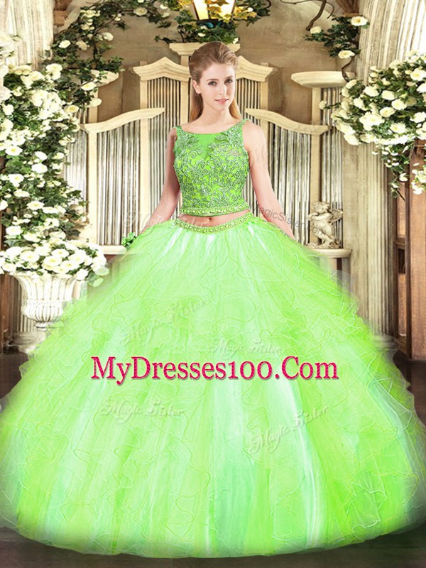 Scoop Sleeveless 15 Quinceanera Dress Floor Length Beading and Ruffles Yellow Green Tulle
