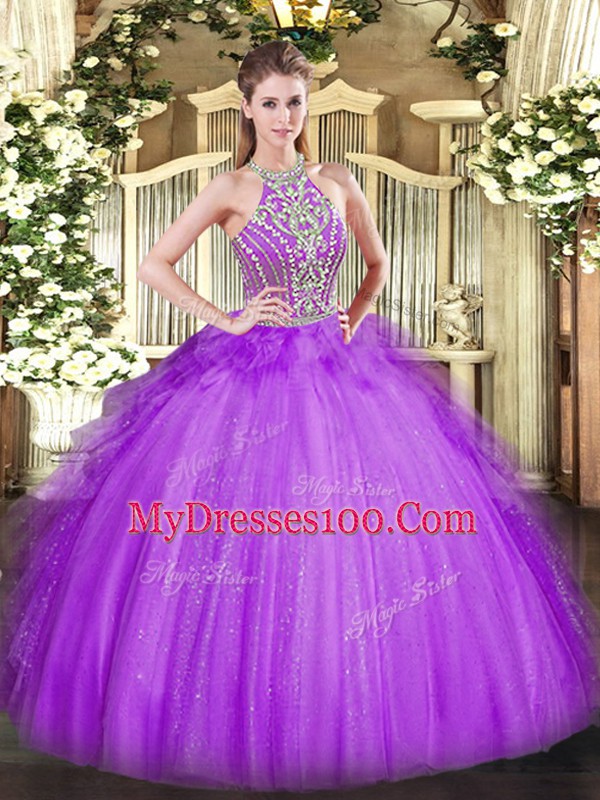 Lavender Sleeveless Beading and Ruffles Floor Length Quinceanera Dress
