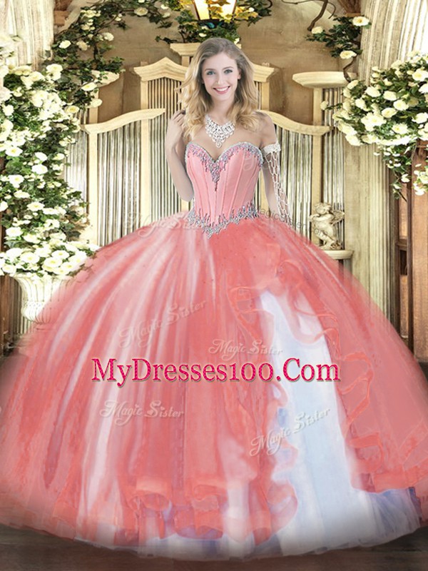Fashionable Coral Red Tulle Lace Up Quinceanera Dress Sleeveless Floor Length Beading and Ruffles