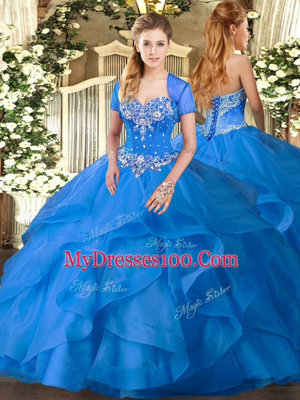 Baby Blue Sweetheart Lace Up Beading and Ruffles Vestidos de Quinceanera Sleeveless
