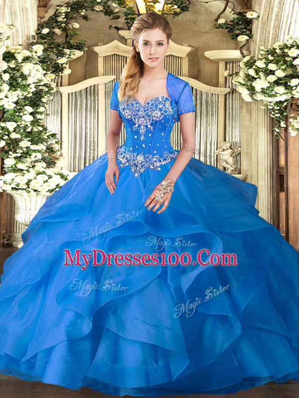 Baby Blue Sweetheart Lace Up Beading and Ruffles Vestidos de Quinceanera Sleeveless
