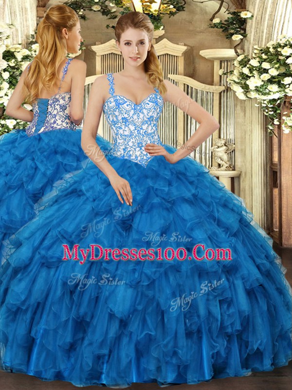 Best Selling Blue Quince Ball Gowns Sweet 16 and Quinceanera with Beading and Ruffles Straps Sleeveless Lace Up