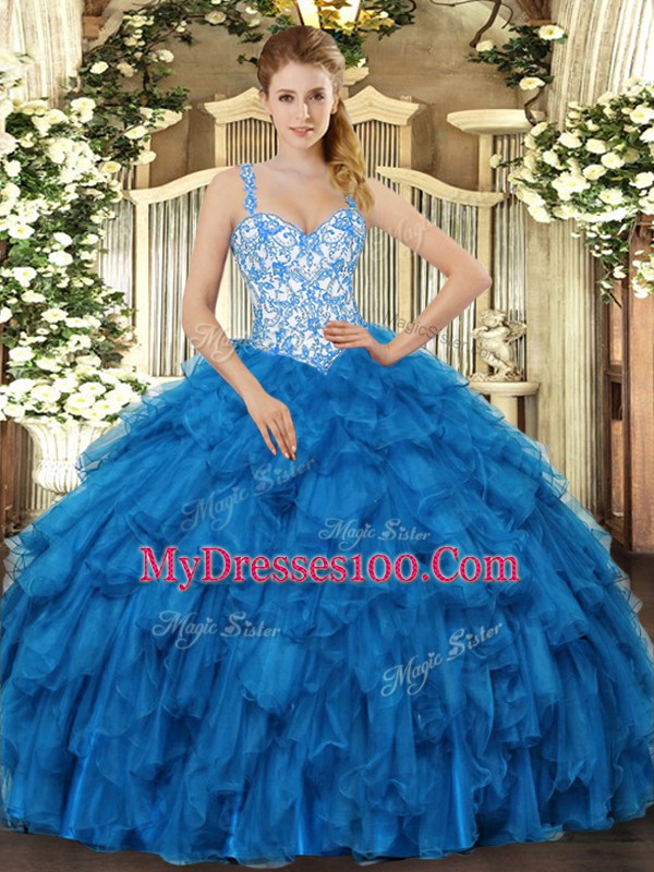 Best Selling Blue Quince Ball Gowns Sweet 16 and Quinceanera with Beading and Ruffles Straps Sleeveless Lace Up
