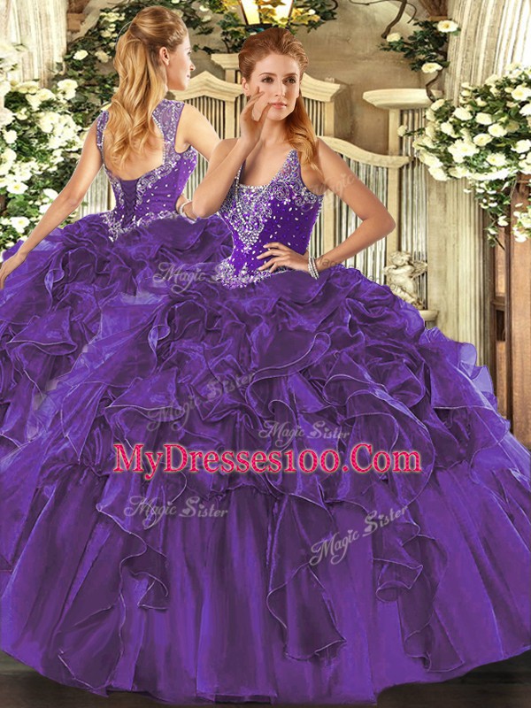 Sleeveless Lace Up Floor Length Beading and Ruffles Sweet 16 Dress