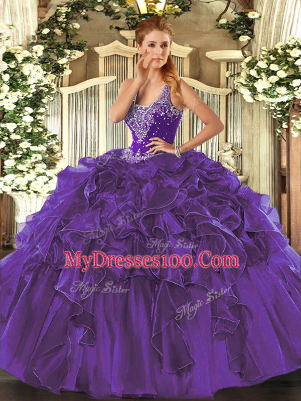 Sleeveless Lace Up Floor Length Beading and Ruffles Sweet 16 Dress