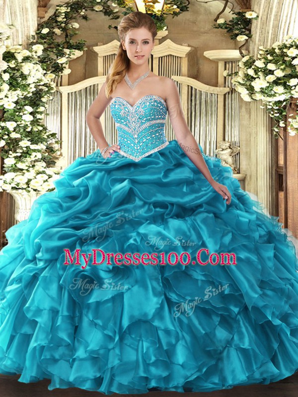 Floor Length Ball Gowns Sleeveless Teal Ball Gown Prom Dress Lace Up