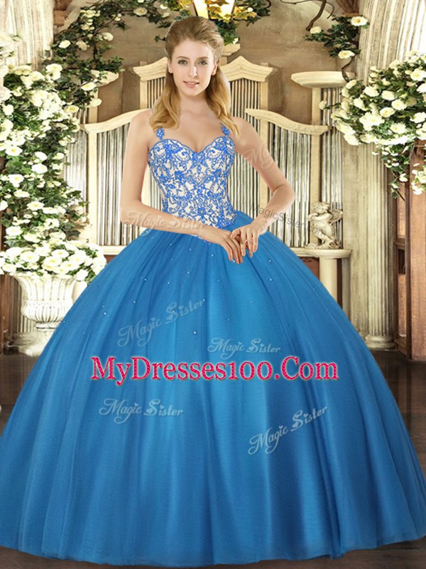 Nice Floor Length Lace Up 15th Birthday Dress Blue for Sweet 16 and Quinceanera with Beading and Appliques