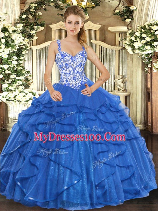 Floor Length Blue Quinceanera Gown Straps Sleeveless Lace Up