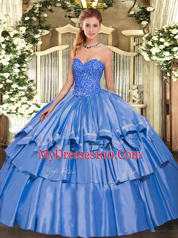 Blue Sweetheart Neckline Beading and Ruffled Layers Vestidos de Quinceanera Sleeveless Lace Up