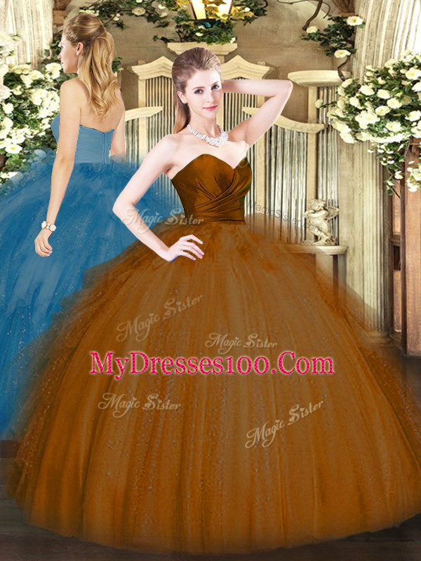 Latest Floor Length Brown Quince Ball Gowns Tulle Sleeveless Ruffles