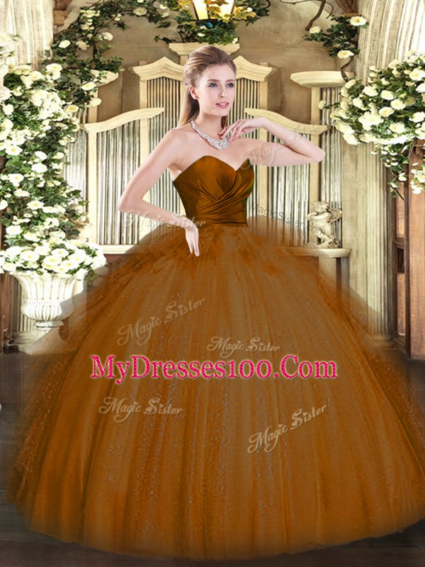Latest Floor Length Brown Quince Ball Gowns Tulle Sleeveless Ruffles