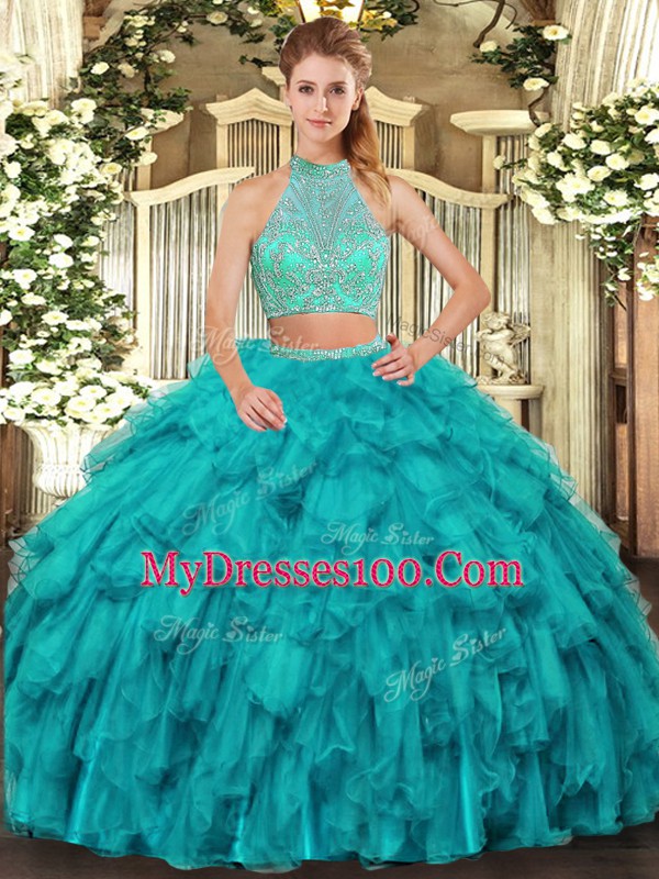 Organza Halter Top Sleeveless Criss Cross Beading and Ruffles Quinceanera Gowns in Turquoise