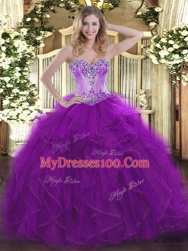 Eggplant Purple Sweet 16 Quinceanera Dress Sweet 16 and Quinceanera with Beading and Ruffles Sweetheart Sleeveless Lace Up