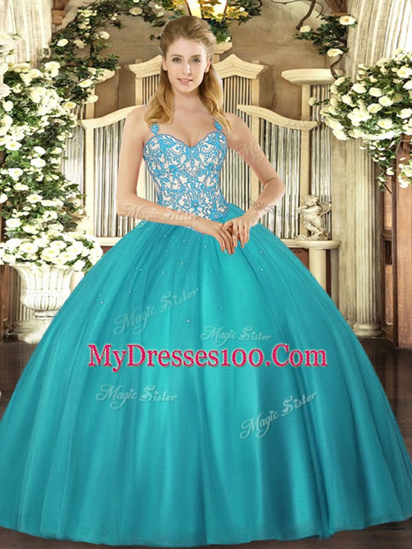 Beading and Ruffles Sweet 16 Dresses Teal Lace Up Sleeveless Floor Length