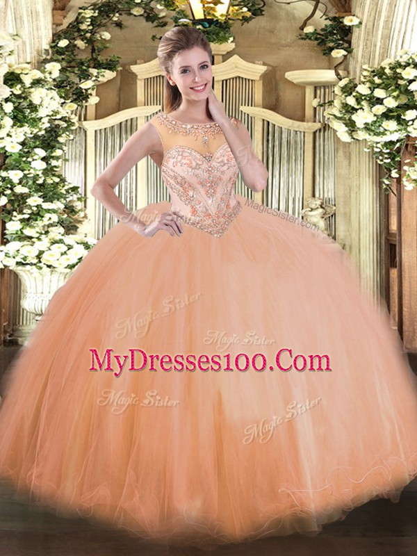 Exquisite Peach Tulle Lace Up Scoop Sleeveless Floor Length Sweet 16 Quinceanera Dress Beading