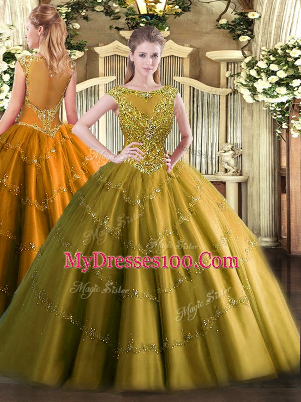 On Sale Beading and Appliques Sweet 16 Dresses Brown Zipper Sleeveless Floor Length