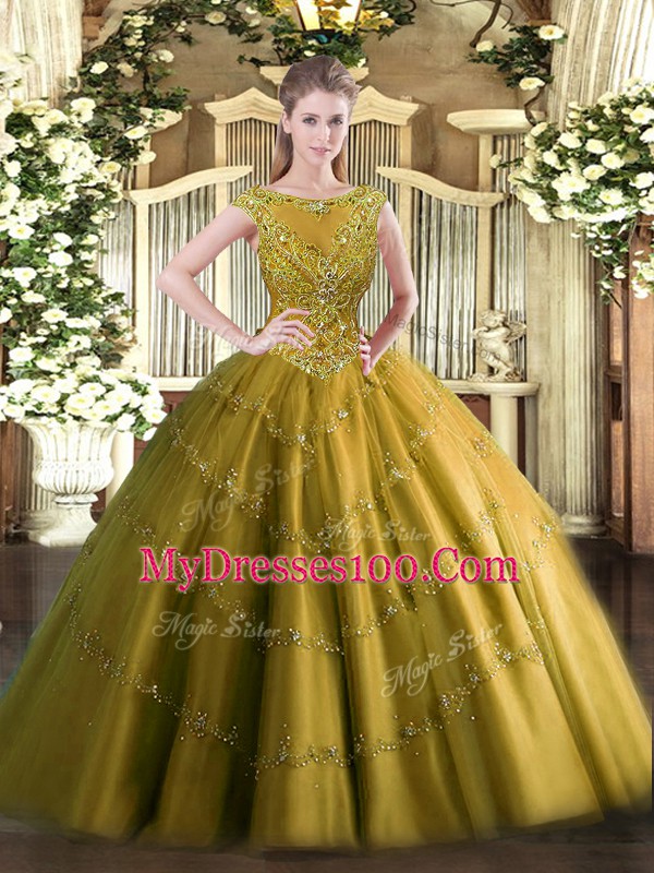 On Sale Beading and Appliques Sweet 16 Dresses Brown Zipper Sleeveless Floor Length