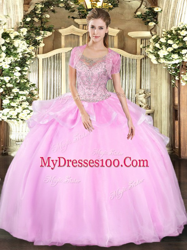 New Arrival Baby Pink Sleeveless Floor Length Beading and Ruffles Clasp Handle Quinceanera Gown