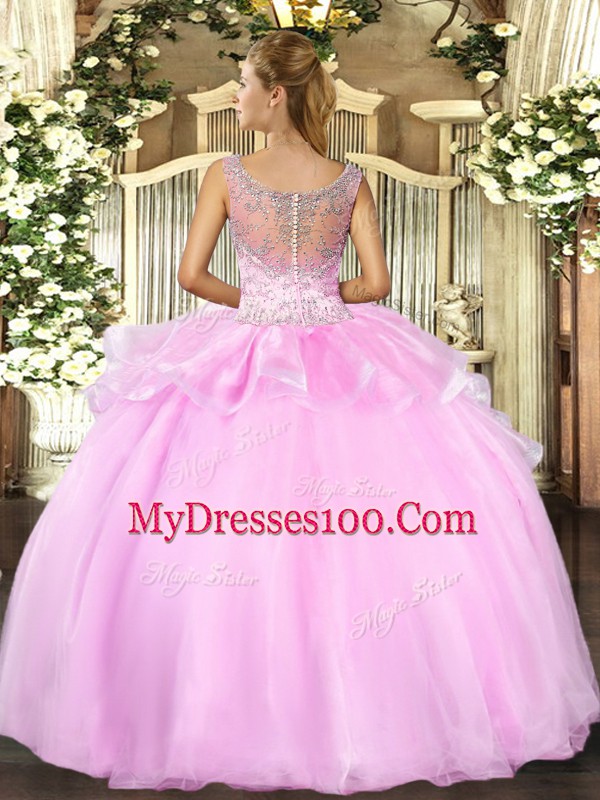 New Arrival Baby Pink Sleeveless Floor Length Beading and Ruffles Clasp Handle Quinceanera Gown
