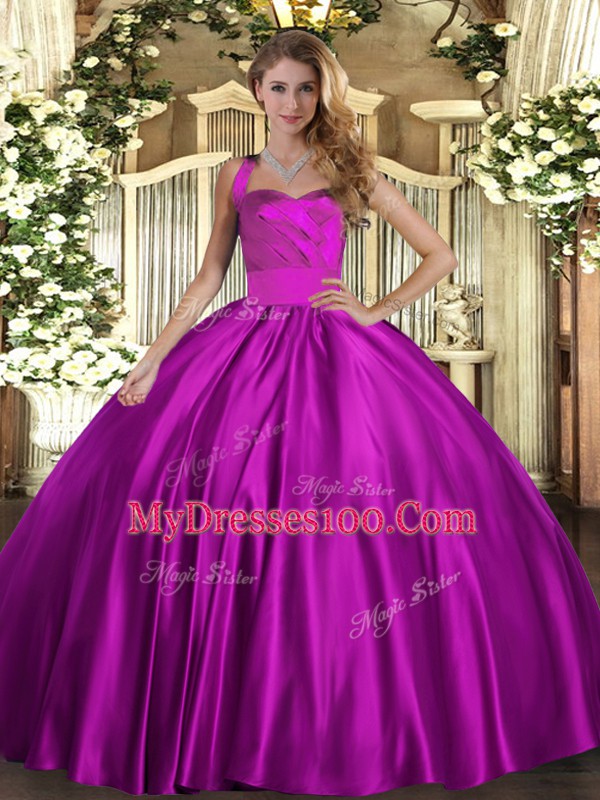 Floor Length Fuchsia Quinceanera Dress Satin Sleeveless Ruching