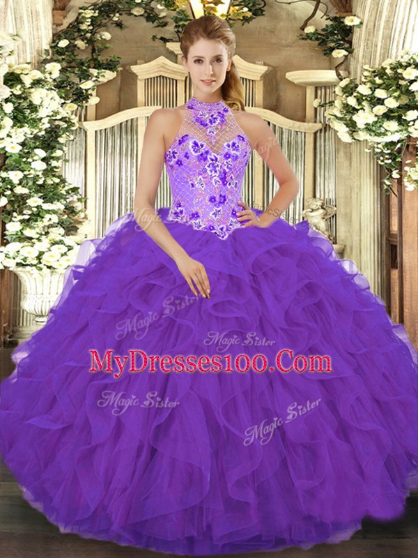 Pretty Sleeveless Floor Length Beading and Embroidery and Ruffles Lace Up Sweet 16 Dress with Purple