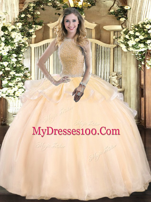 Peach Organza Lace Up Quinceanera Dresses Sleeveless Floor Length Beading
