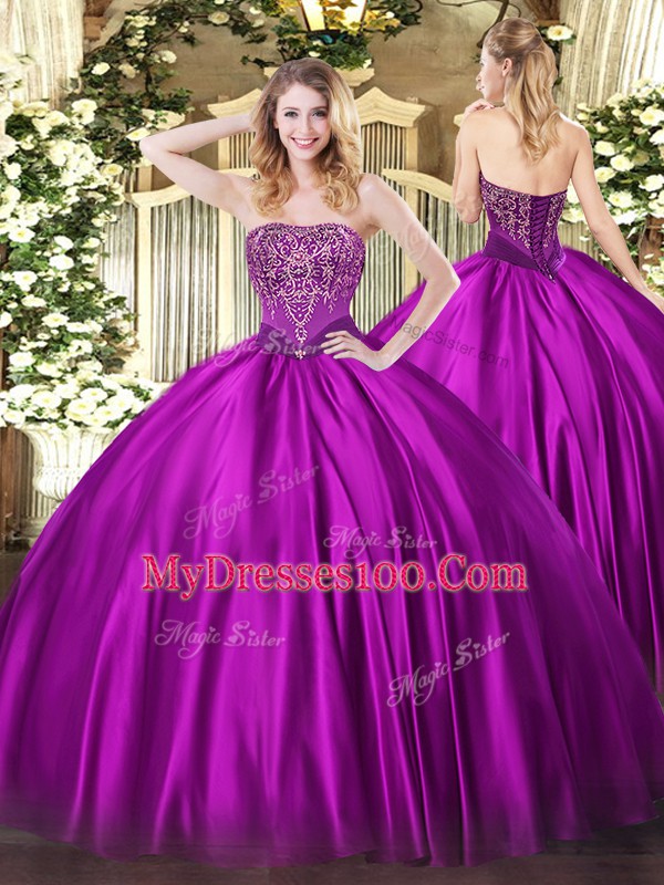Modest Fuchsia Satin Lace Up Quinceanera Dresses Sleeveless Floor Length Beading