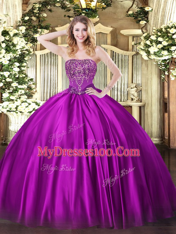Modest Fuchsia Satin Lace Up Quinceanera Dresses Sleeveless Floor Length Beading
