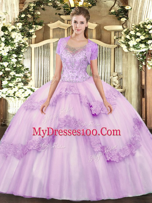 Custom Made Floor Length Lilac Quinceanera Dresses Tulle Sleeveless Beading and Appliques