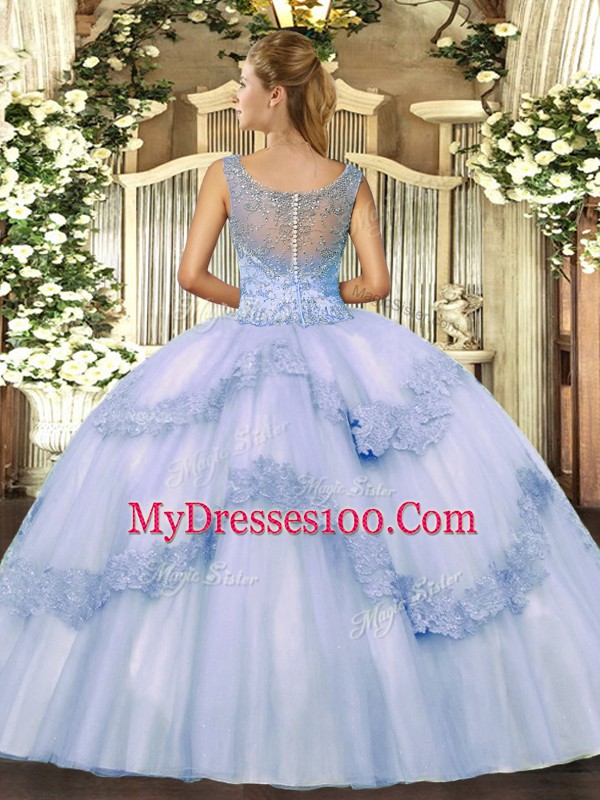 Custom Made Floor Length Lilac Quinceanera Dresses Tulle Sleeveless Beading and Appliques