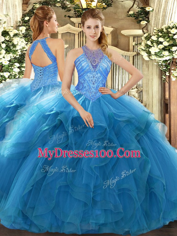 Teal Ball Gowns Organza High-neck Sleeveless Beading and Ruffles Floor Length Lace Up Quinceanera Dresses