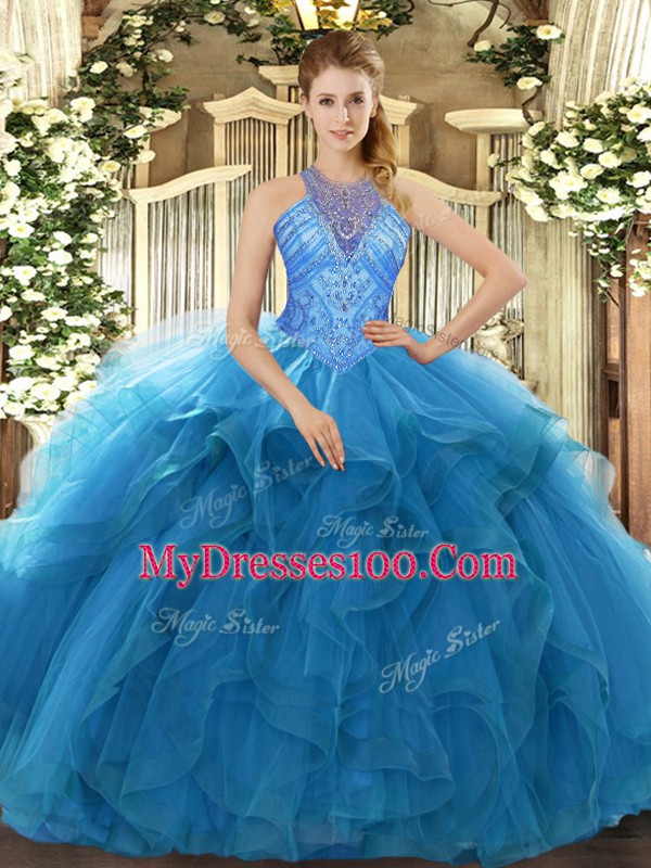 Teal Ball Gowns Organza High-neck Sleeveless Beading and Ruffles Floor Length Lace Up Quinceanera Dresses