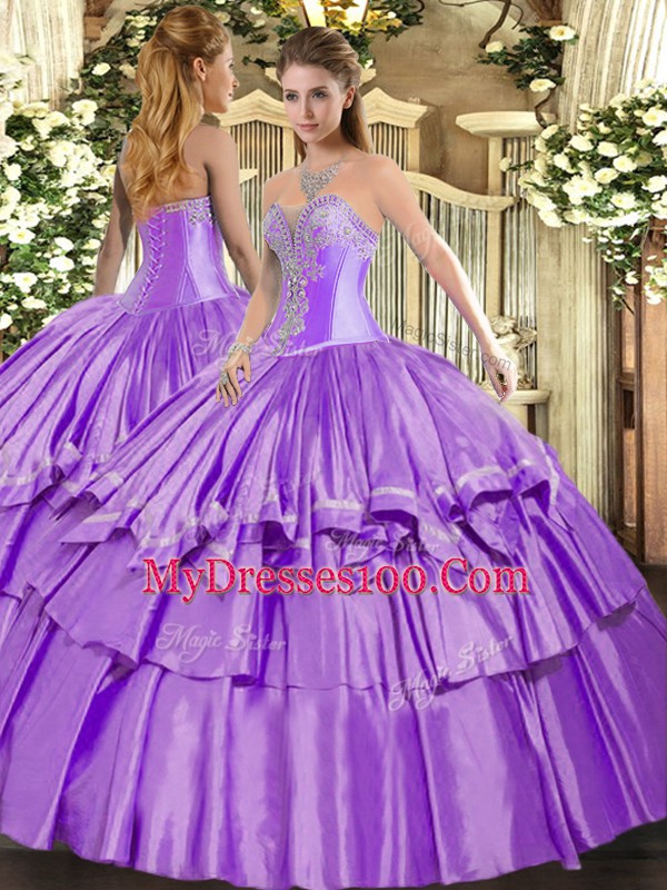 Lavender Sweetheart Lace Up Beading and Ruffled Layers Quinceanera Dress Sleeveless