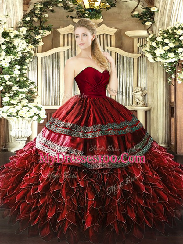 Custom Fit Wine Red Sweetheart Zipper Embroidery and Ruffles 15 Quinceanera Dress Sleeveless