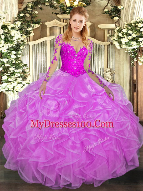 Organza Scoop Long Sleeves Lace Up Lace and Ruffles Quinceanera Dresses in Lilac
