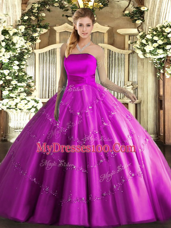 Fuchsia Sleeveless Floor Length Appliques Lace Up Sweet 16 Quinceanera Dress