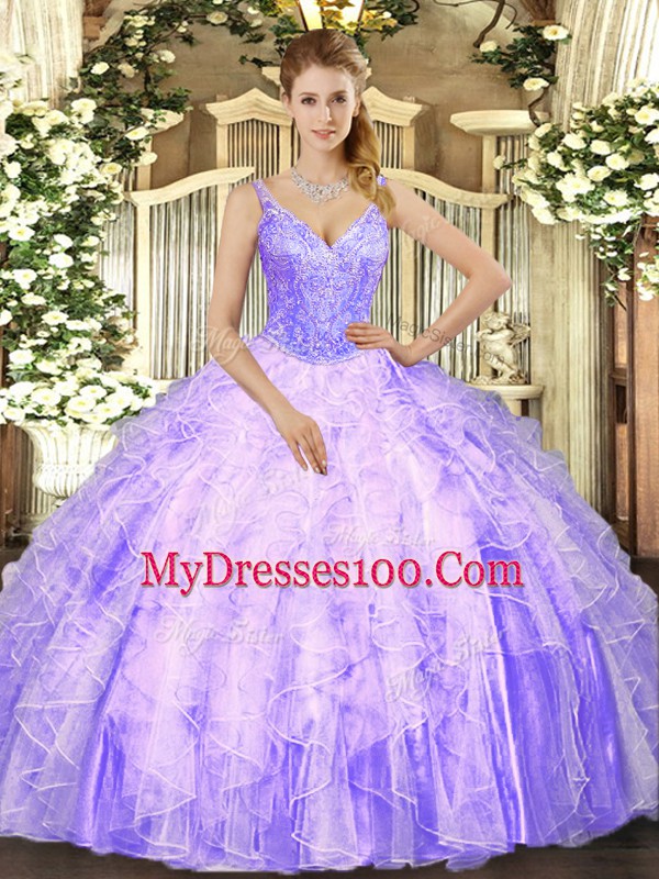Lavender Tulle Lace Up V-neck Sleeveless Floor Length Quinceanera Gowns Beading and Ruffles