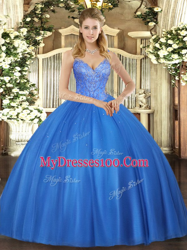 Sleeveless Floor Length Beading Lace Up Vestidos de Quinceanera with Blue